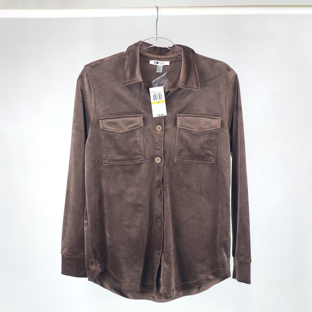 LONG-SLEEVE ULTRA-LUXE BUTTON-FRONT VELOUR SHIRT | SHACKET | CHESTNUT